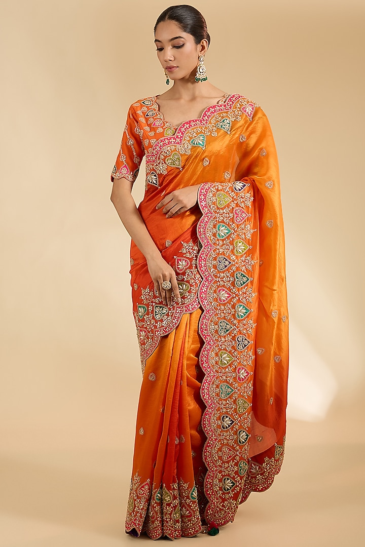 Orange Kora Silk Marori Patch Work Saree Set by Surbhi Shah at Pernia's Pop Up Shop