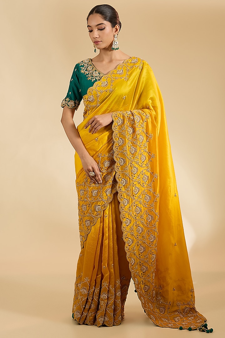 Mango Yellow Kora Silk Marori Zardosi Work Saree Set by Surbhi Shah at Pernia's Pop Up Shop