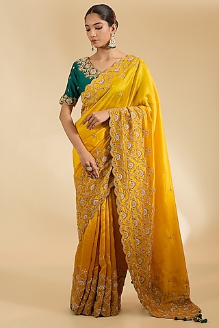 Mango Yellow Kora Silk Marori Zardosi Work Saree Set by Surbhi Shah