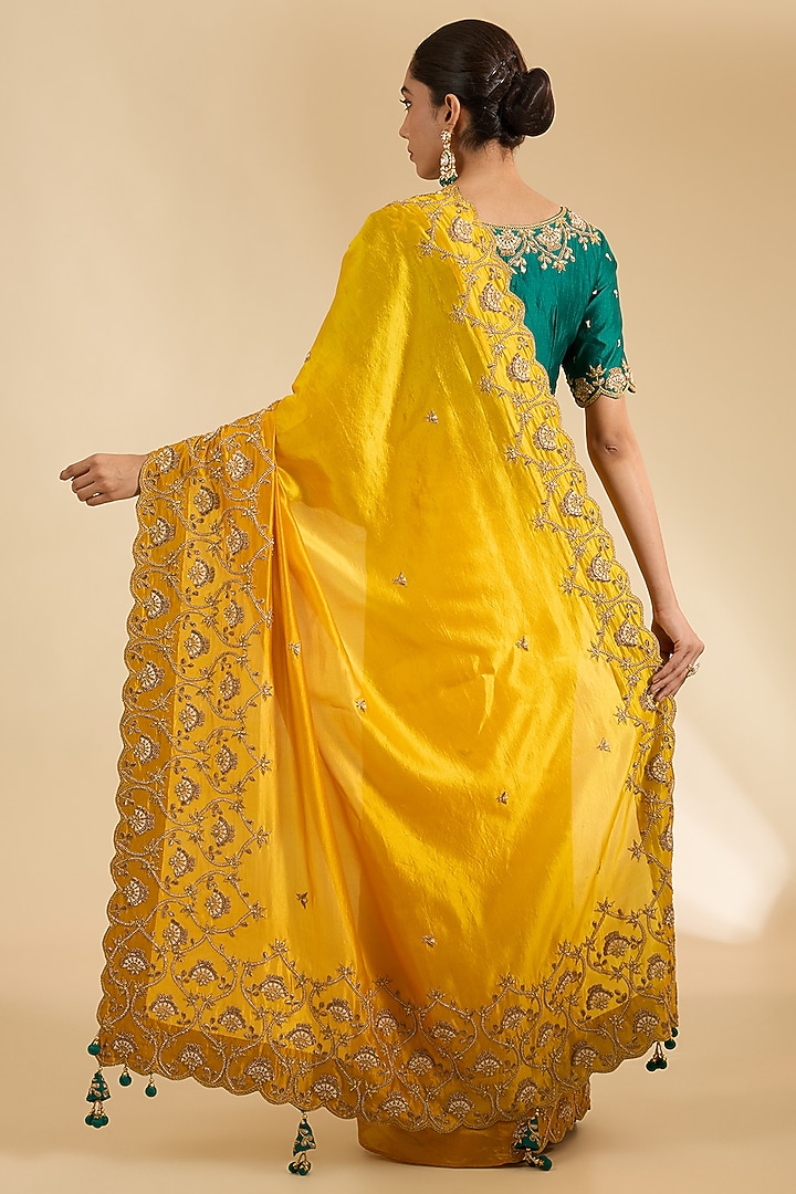Mango Yellow Kora Silk Marori Zardosi Work Reception Saree Set by Surbhi Shah at Pernia's Pop Up Shop