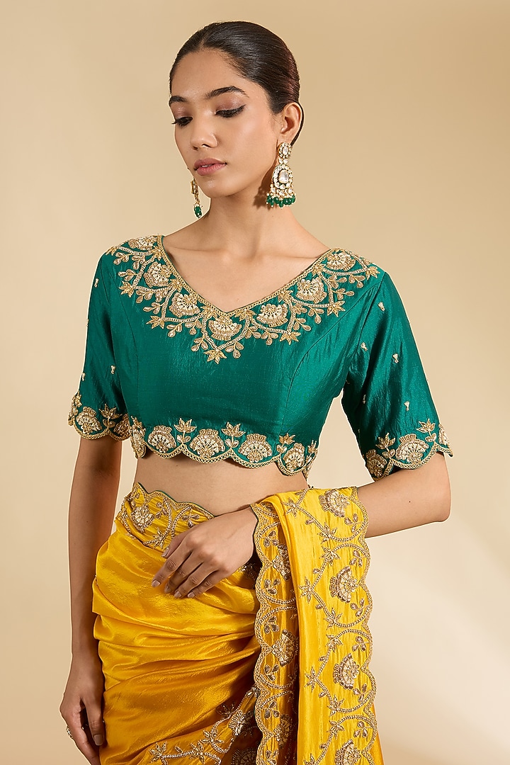 Mango Yellow Kora Silk Marori Zardosi Work Reception Saree Set by Surbhi Shah at Pernia's Pop Up Shop