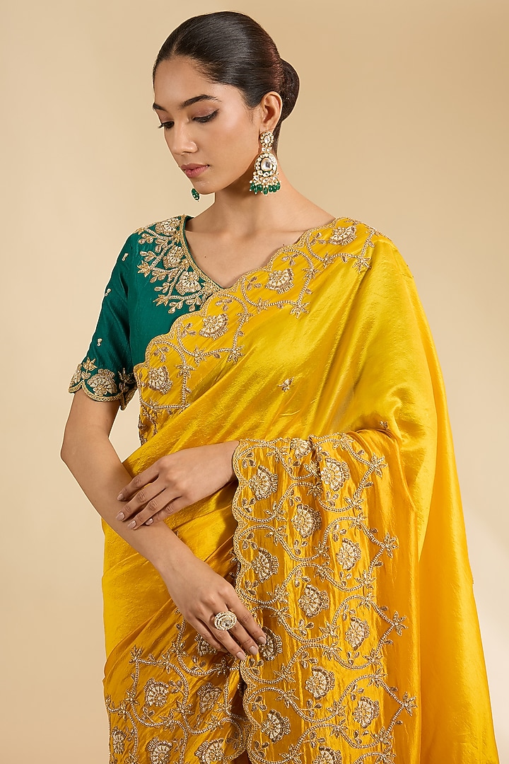 Mango Yellow Kora Silk Marori Zardosi Work Reception Saree Set by Surbhi Shah at Pernia's Pop Up Shop