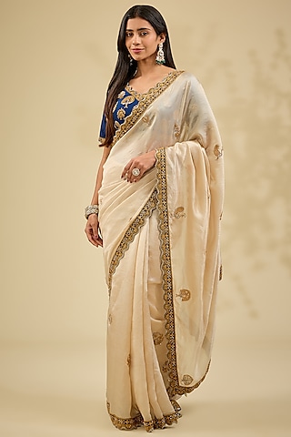 Silver Kora Silk Zardosi Work Saree Set by Surbhi Shah