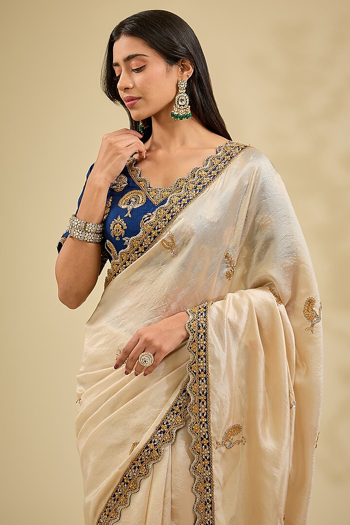 Silver Kora Silk Zardosi Work Wedding Saree Set by Surbhi Shah at Pernia's Pop Up Shop