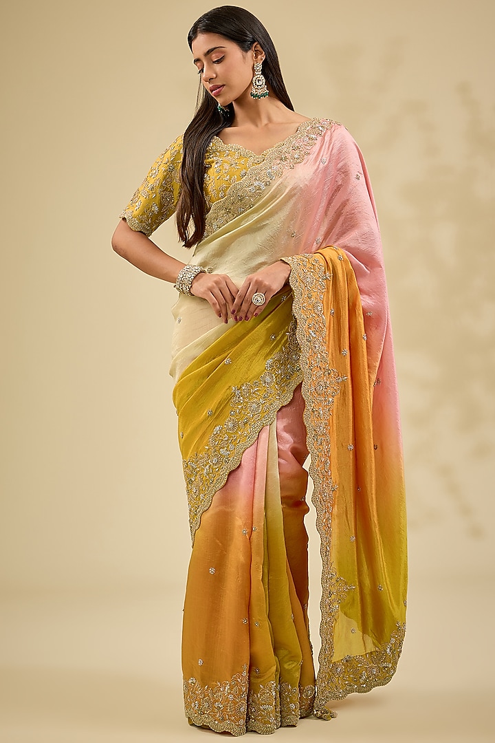 Mustard Yellow Kora Silk Zardosi Work Saree Set by Surbhi Shah at Pernia's Pop Up Shop