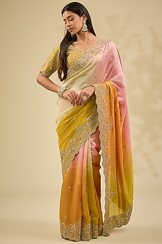 Mustard Yellow Kora Silk Zardosi Work Saree Set by Surbhi Shah