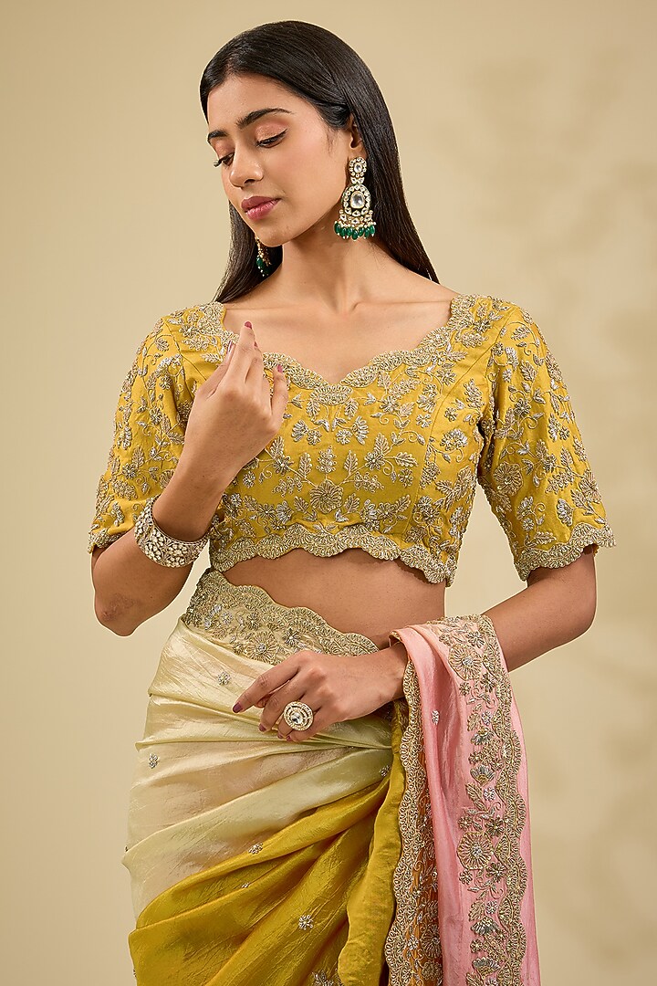 Mustard Yellow Kora Silk Zardosi Work Reception Saree Set by Surbhi Shah at Pernia's Pop Up Shop