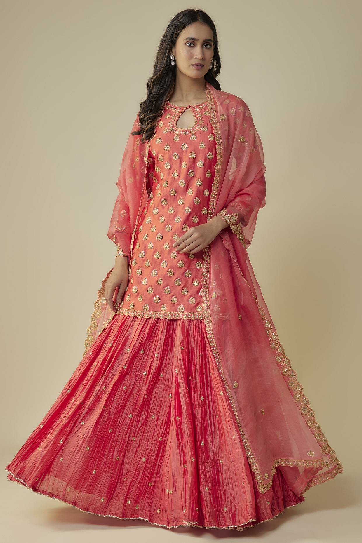 Coral Kora Silk Crushed Skirt Set by SURBHI SHAH at Pernia's Pop Up Shop