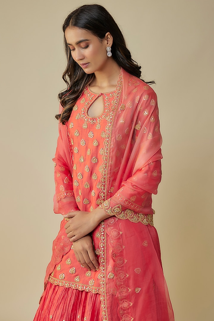 Coral Kora Silk Crushed Skirt Set by SURBHI SHAH at Pernia's Pop Up Shop