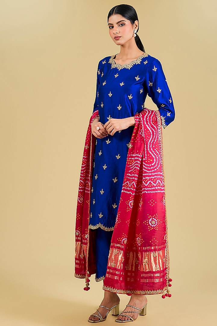 Midnight Blue Spun Silk Gota Marodi Work Kurta Set by Surbhi Shah at Pernia's Pop Up Shop