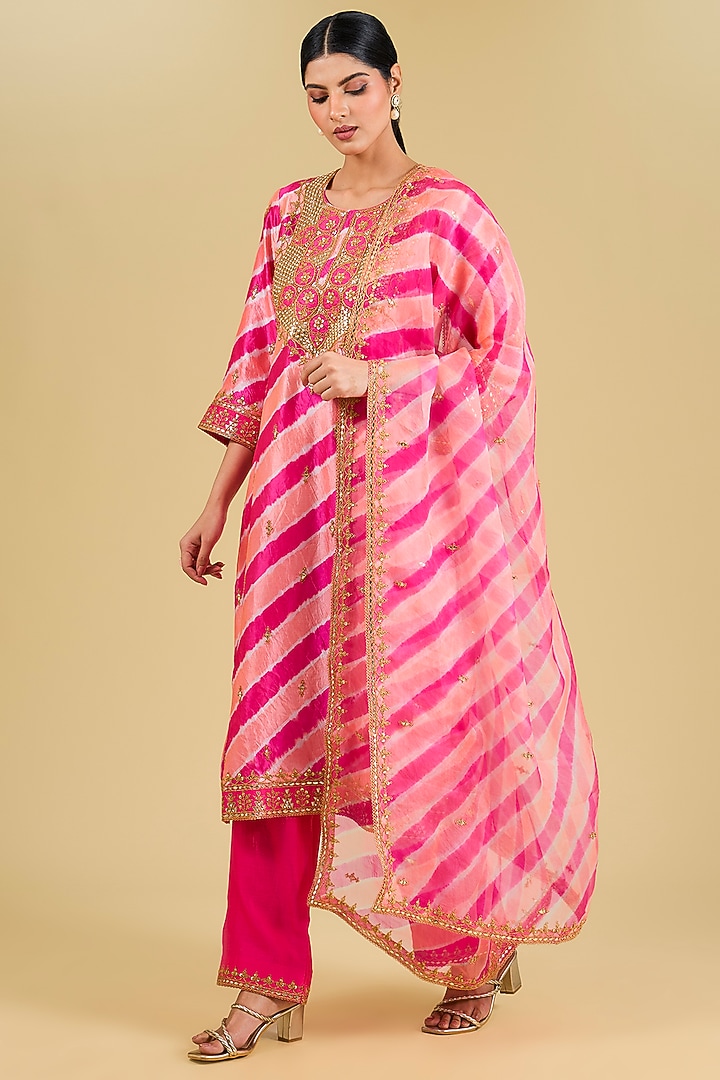 Hot Pink & Peach Spun Silk Gota Patti Work Kurta Set by Surbhi Shah at Pernia's Pop Up Shop