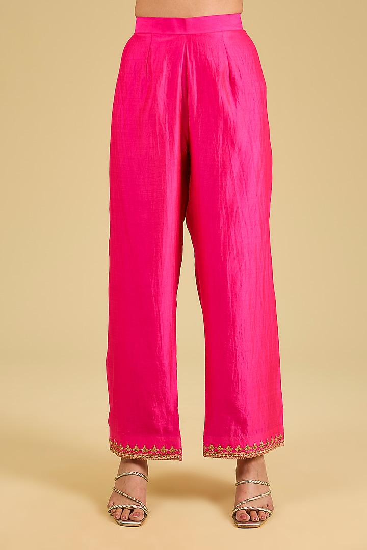 Hot Pink & Peach Spun Silk Gota Patti Work Kurta Set by Surbhi Shah at Pernia's Pop Up Shop
