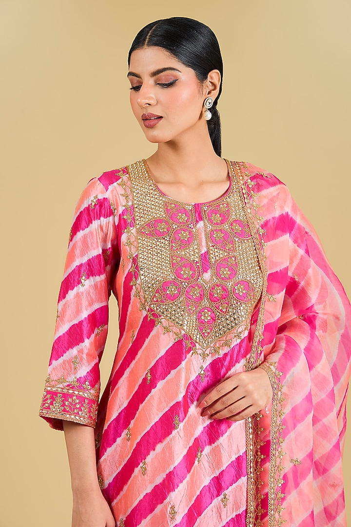 Hot Pink & Peach Spun Silk Gota Patti Work Kurta Set by Surbhi Shah at Pernia's Pop Up Shop