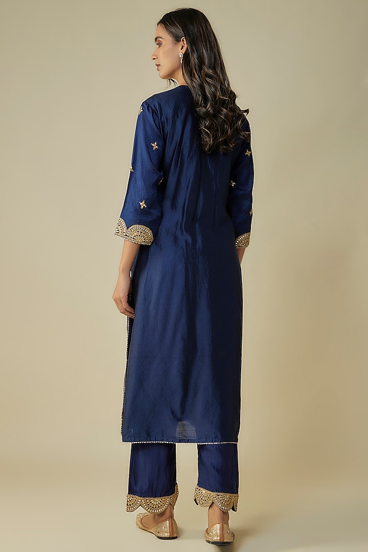 Navy Blue Spun Silk Gota Patti Work Kurta Set by SURBHI SHAH at Pernia's Pop Up Shop