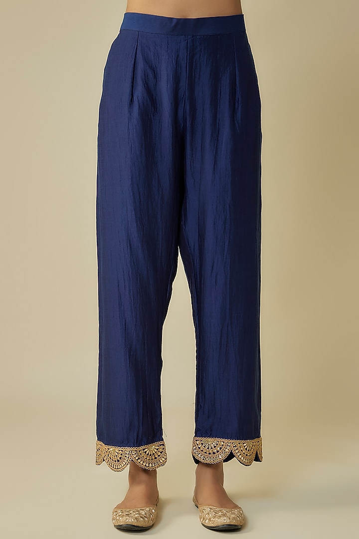 Navy Blue Spun Silk Gota Patti Work Kurta Set by SURBHI SHAH at Pernia's Pop Up Shop