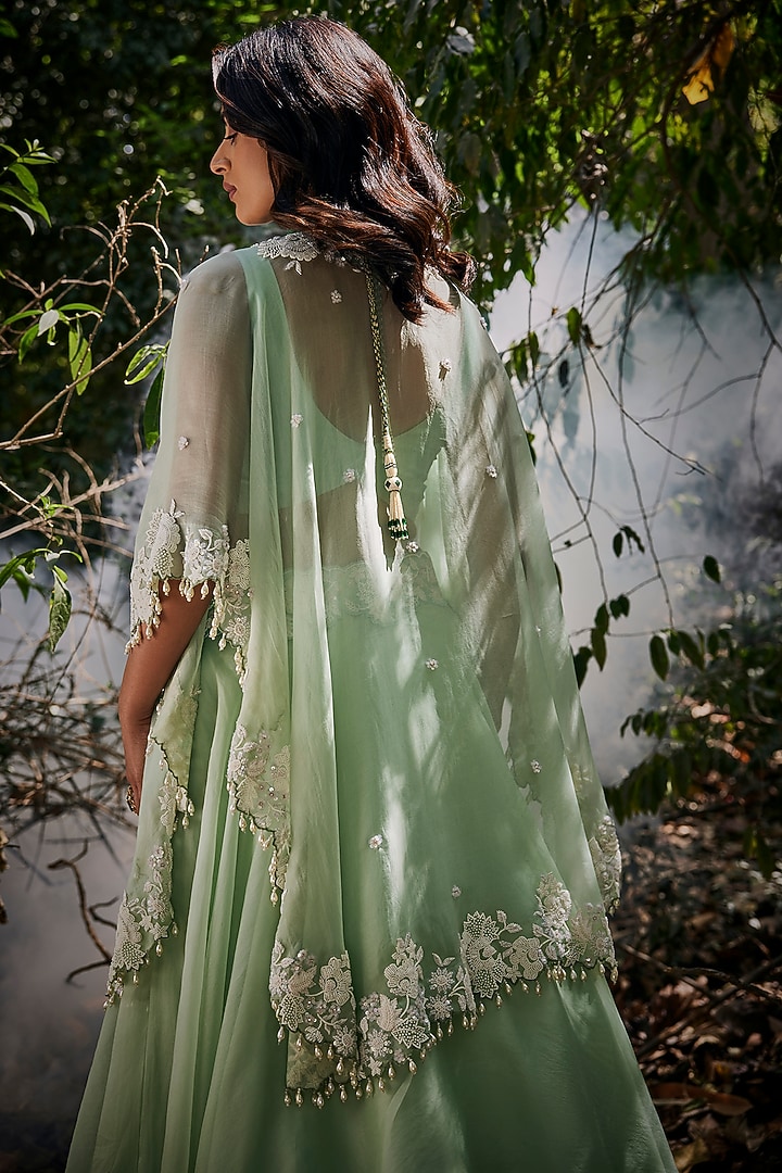 Sea Green Organza Pearl Work Handcrafted Cape Set by SURBHI SHAH at Pernia's Pop Up Shop