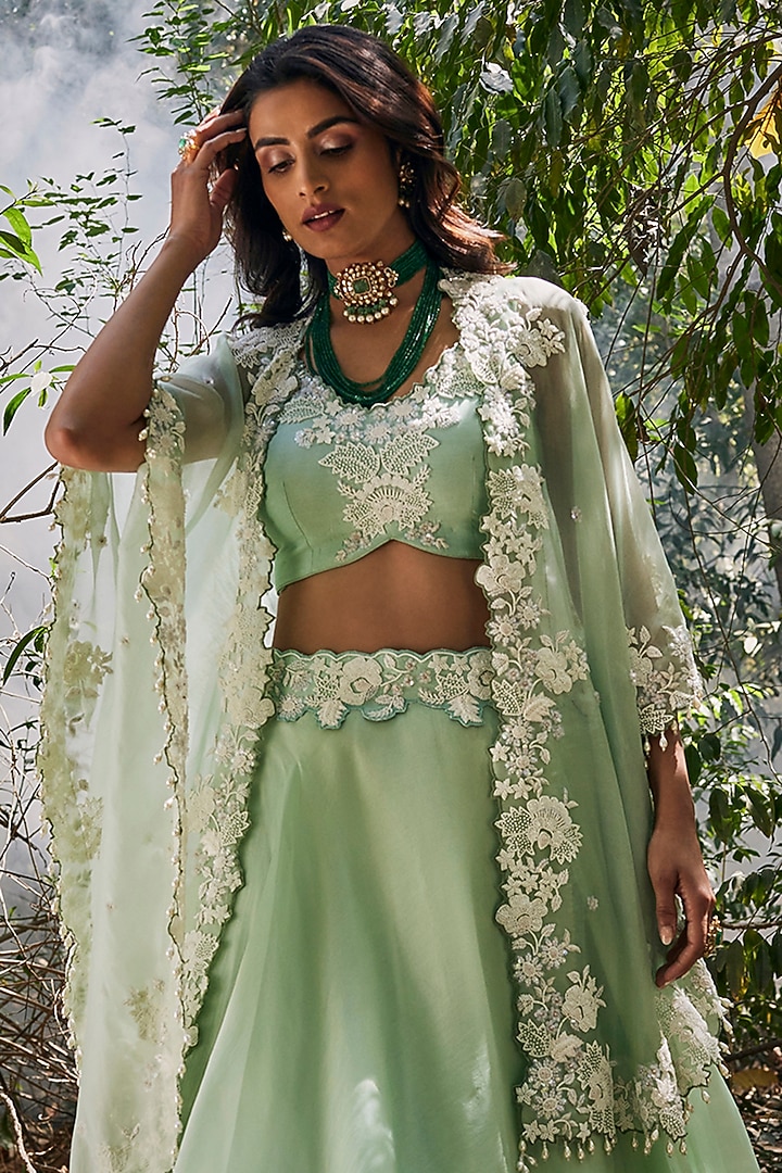 Sea Green Organza Pearl Work Handcrafted Cape Set by SURBHI SHAH at Pernia's Pop Up Shop