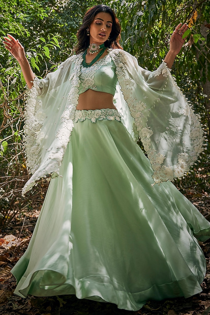 Sea Green Organza Pearl Work Handcrafted Cape Set by SURBHI SHAH at Pernia's Pop Up Shop