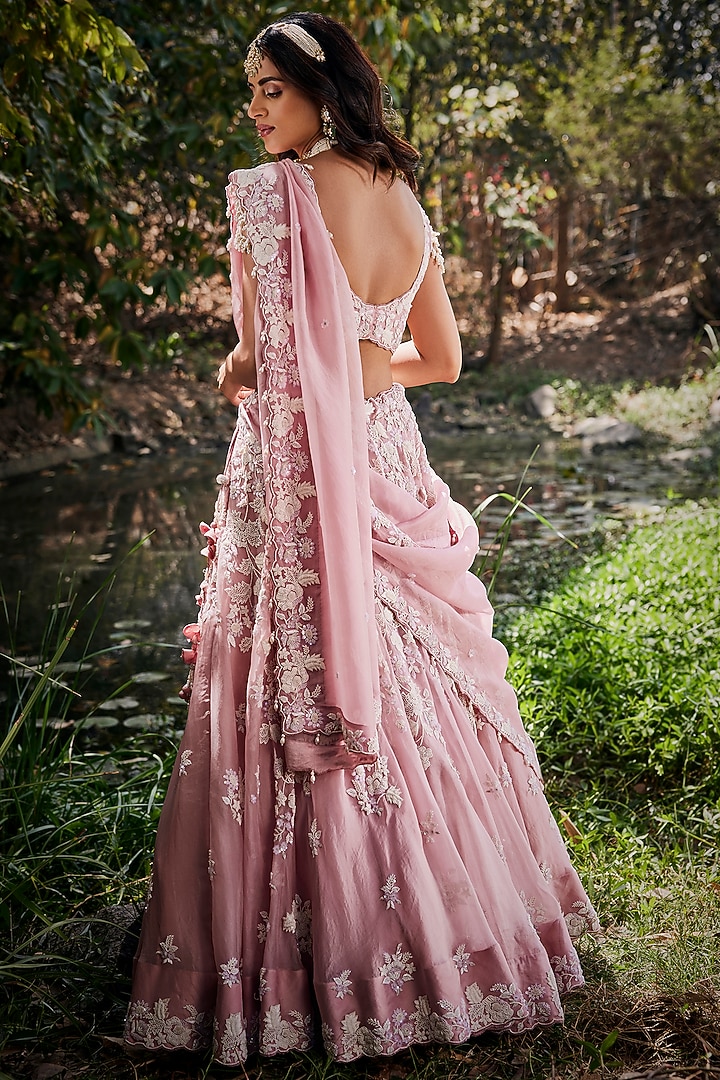 Pink Organza Pearl Work Bridal Lehenga Set by SURBHI SHAH at Pernia's Pop Up Shop