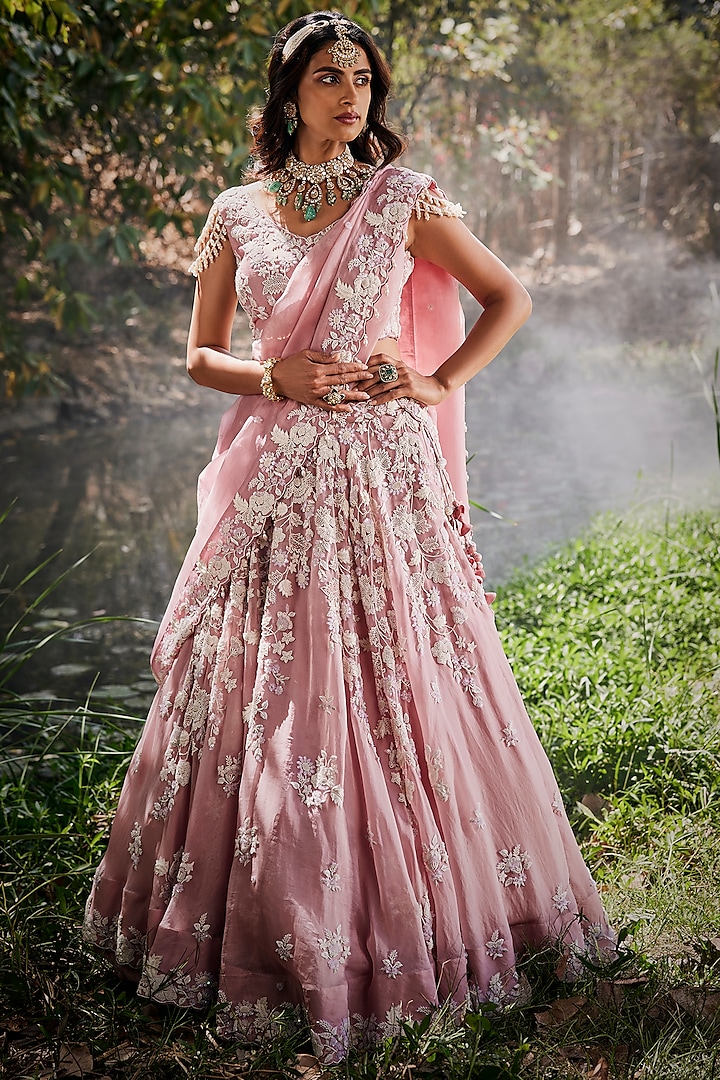 Pink Organza Pearl Work Bridal Lehenga Set by SURBHI SHAH at Pernia's Pop Up Shop