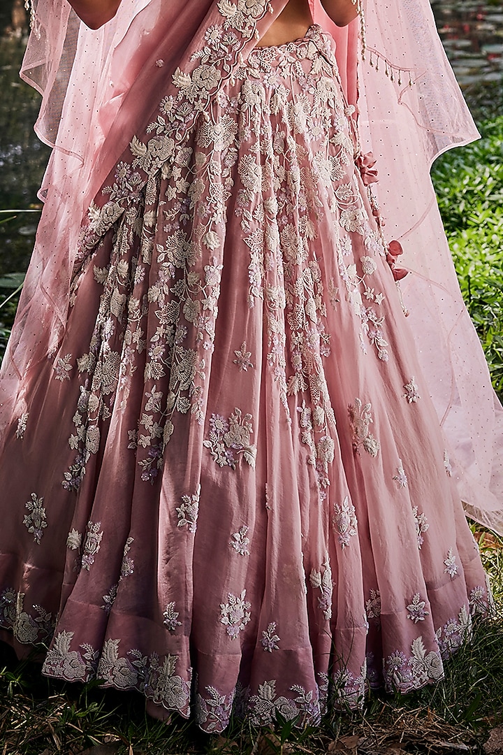Pink Organza Pearl Work Bridal Lehenga Set by SURBHI SHAH at Pernia's Pop Up Shop