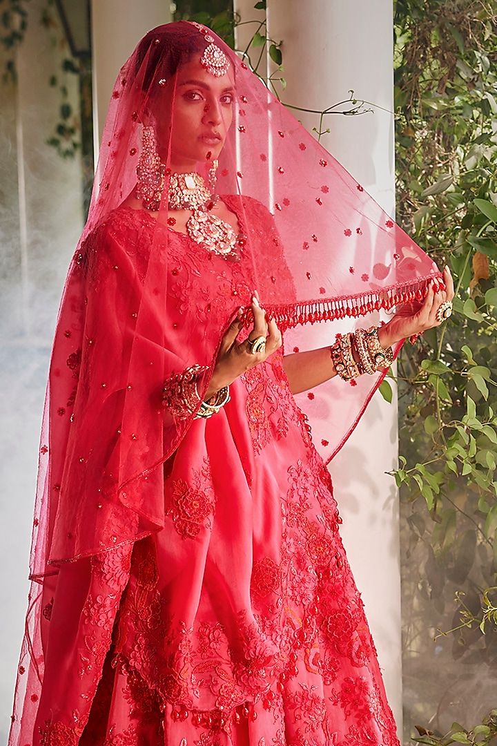 Red Satin Organza 3D Floral & Cutdana Work Bridal Lehenga Set by SURBHI SHAH at Pernia's Pop Up Shop
