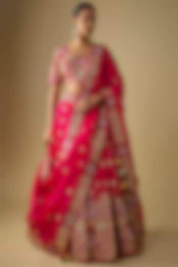 Red Satin Organza Resham Embroidered Bridal Lehenga Set by SURBHI SHAH at Pernia's Pop Up Shop