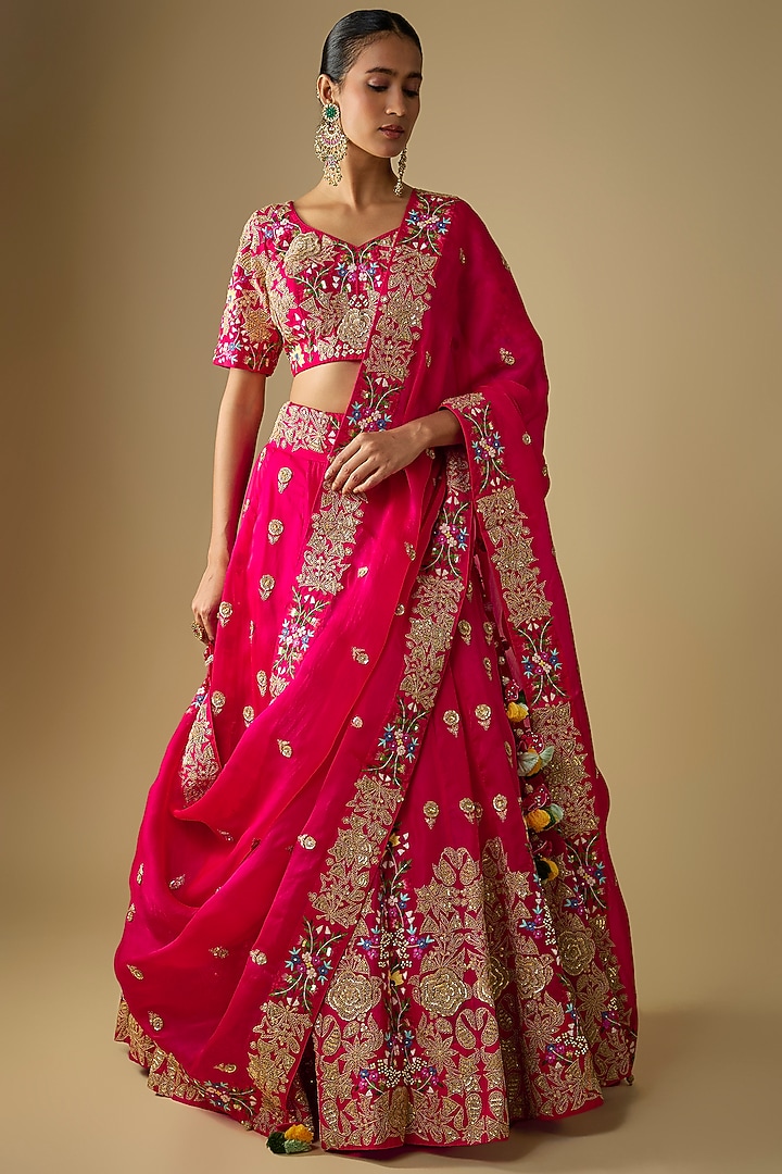 Red Satin Organza Resham Embroidered Bridal Lehenga Set by SURBHI SHAH at Pernia's Pop Up Shop