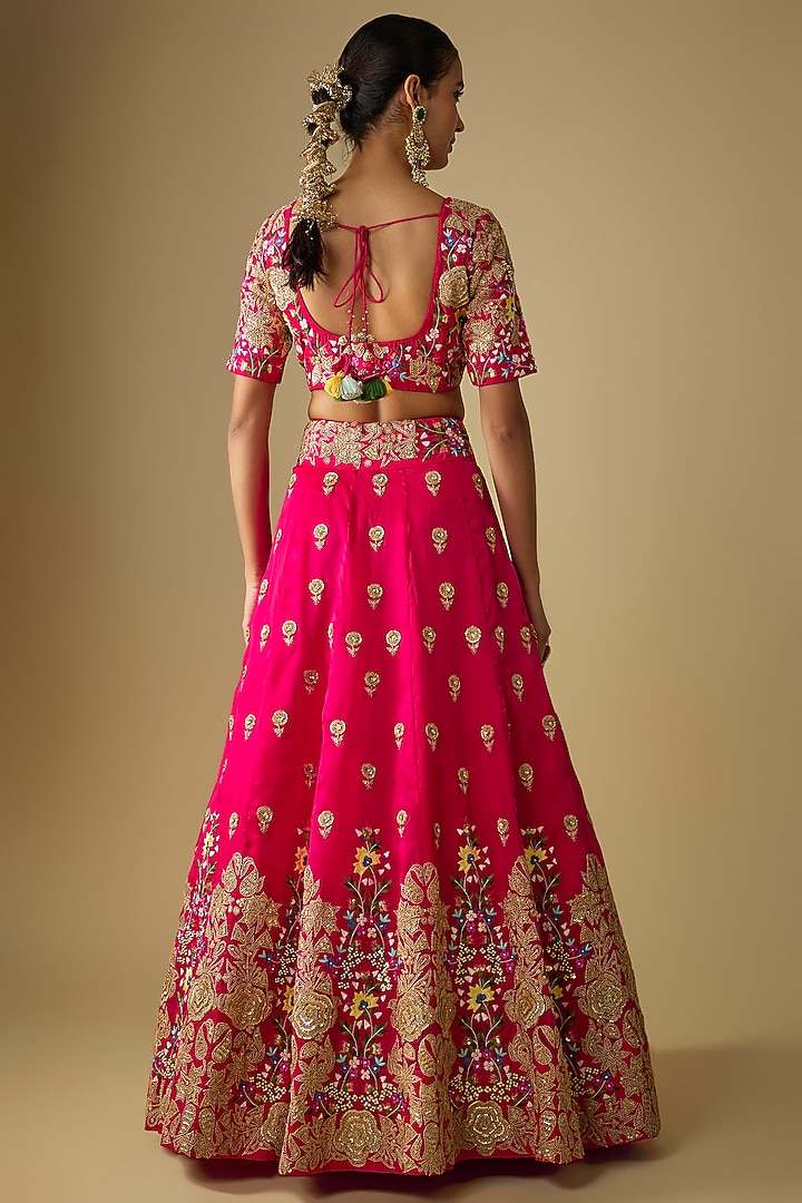 Red Satin Organza Resham Embroidered Bridal Lehenga Set by SURBHI SHAH at Pernia's Pop Up Shop