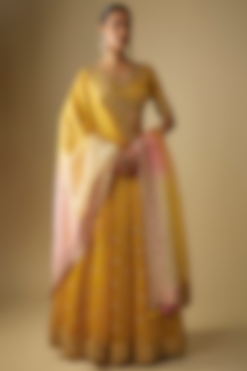 Mustard Yellow Satin Organza Pearl Embroidered Bridal Lehenga Set by SURBHI SHAH at Pernia's Pop Up Shop