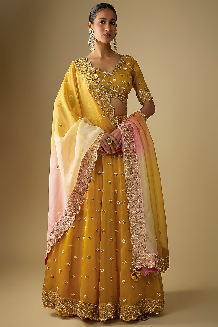 Mustard Yellow Satin Organza Pearl Embroidered Bridal Lehenga Set by SURBHI SHAH at Pernia's Pop Up Shop
