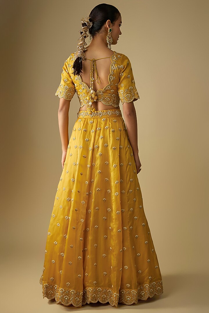 Mustard Yellow Satin Organza Pearl Embroidered Bridal Lehenga Set by SURBHI SHAH at Pernia's Pop Up Shop