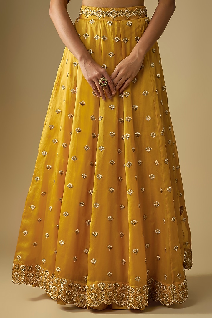 Mustard Yellow Satin Organza Pearl Embroidered Bridal Lehenga Set by SURBHI SHAH at Pernia's Pop Up Shop