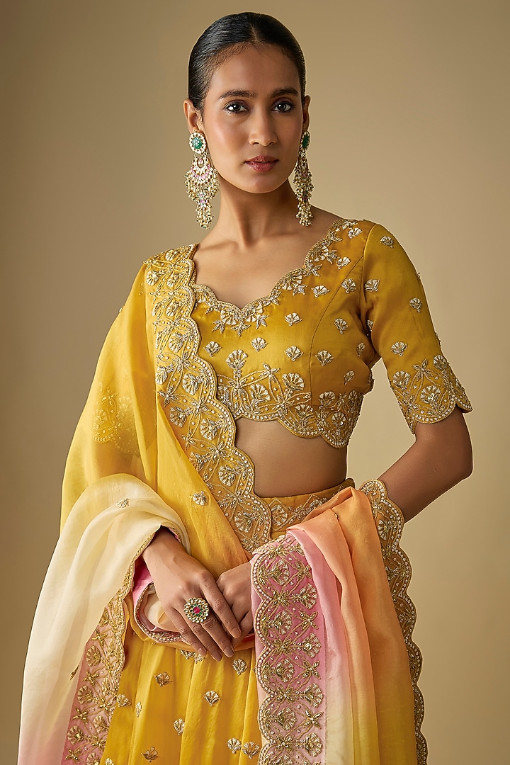 Mustard Yellow Satin Organza Pearl Embroidered Bridal Lehenga Set by SURBHI SHAH at Pernia's Pop Up Shop