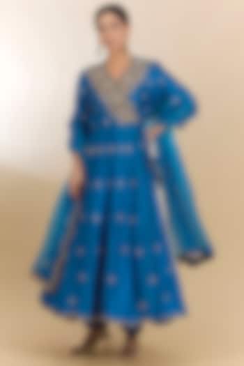 Teal Blue Spun Silk Marori Work Angrakha Kurta Set by Surbhi Shah at Pernia's Pop Up Shop