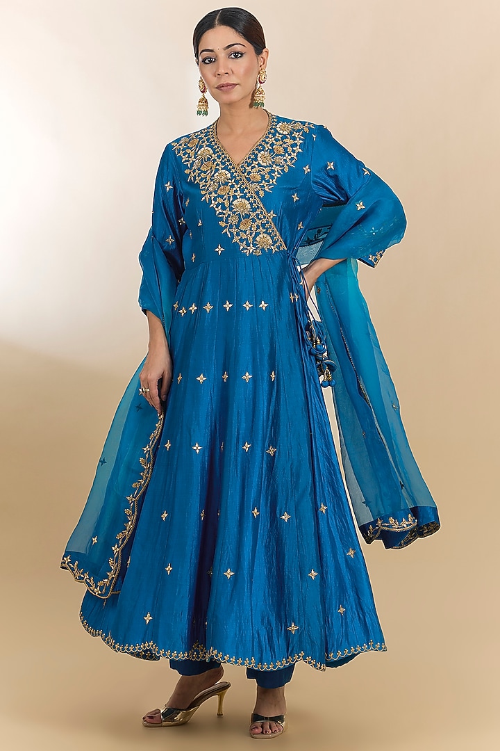 Teal Blue Spun Silk Marori Work Angrakha Kurta Set by Surbhi Shah at Pernia's Pop Up Shop