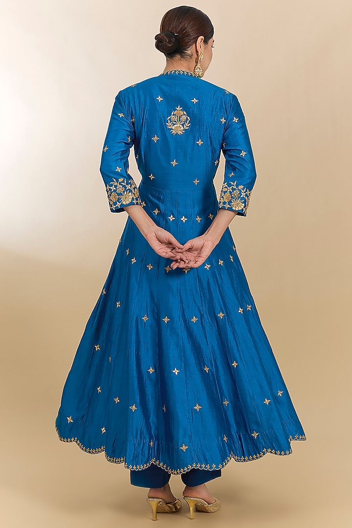 Teal Blue Spun Silk Marori Work Angrakha Kurta Set by Surbhi Shah at Pernia's Pop Up Shop