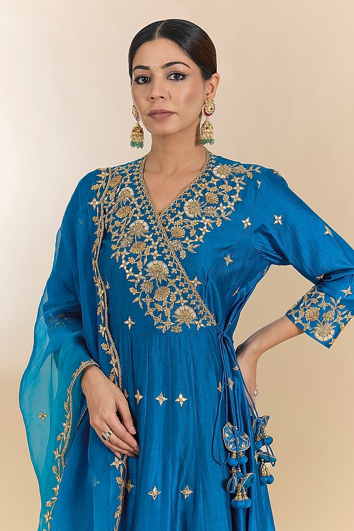 Teal Blue Spun Silk Marori Work Angrakha Kurta Set by Surbhi Shah at Pernia's Pop Up Shop