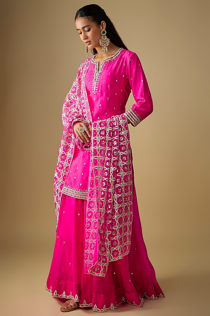 Hot Pink Spun Silk Bridal Sharara Set by SURBHI SHAH at Pernia's Pop Up Shop
