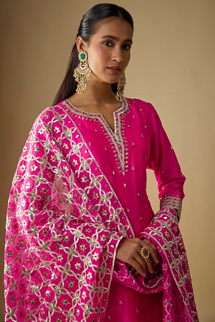 Hot Pink Spun Silk Bridal Sharara Set by SURBHI SHAH at Pernia's Pop Up Shop
