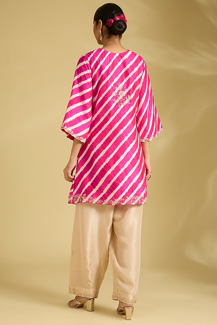 Hot Pink Spun Silk Pearl Work Leheriya Kurta Set by Surbhi Shah at Pernia's Pop Up Shop