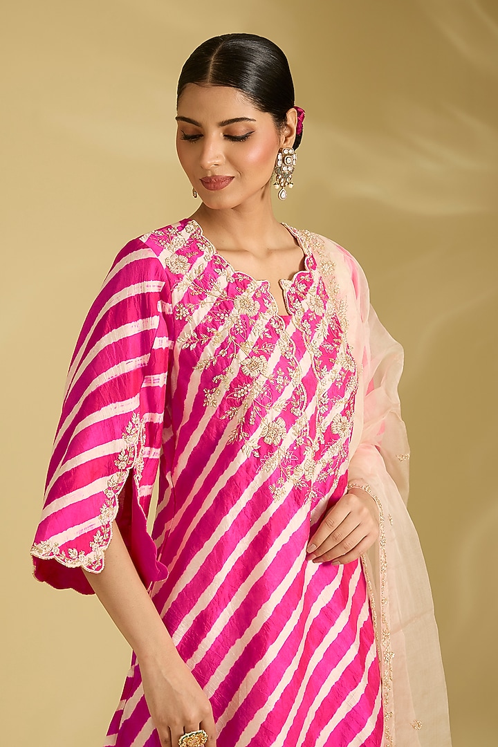 Hot Pink Spun Silk Pearl Work Leheriya Kurta Set by Surbhi Shah at Pernia's Pop Up Shop