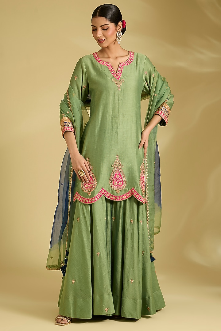 Sage Green Chanderi Wedding Sharara Set by Surbhi Shah at Pernia's Pop Up Shop