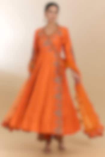 Orange Spun Silk Marori Work Angrakha Kurta Set by Surbhi Shah at Pernia's Pop Up Shop