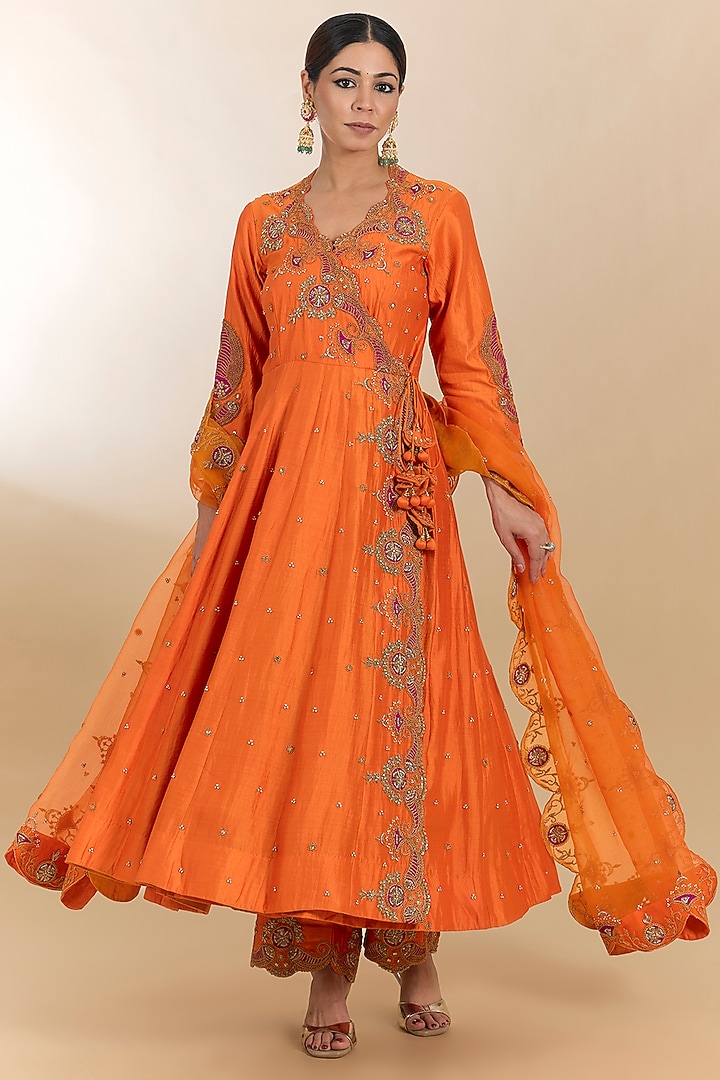 Orange Spun Silk Marori Work Angrakha Kurta Set by Surbhi Shah at Pernia's Pop Up Shop