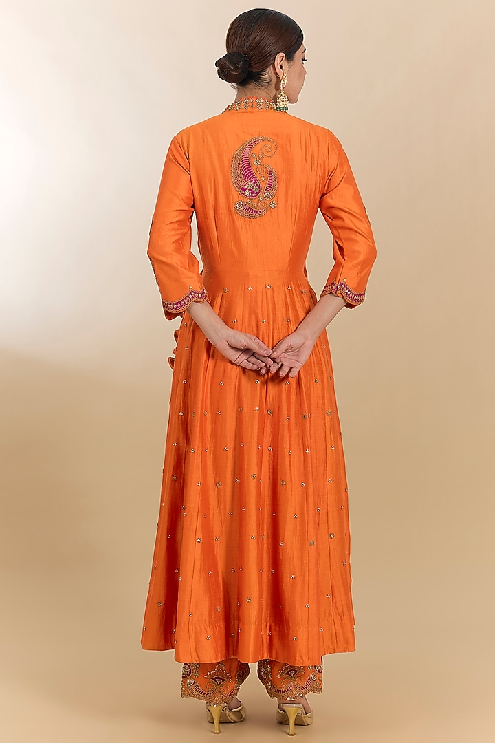 Orange Spun Silk Marori Work Angrakha Kurta Set by Surbhi Shah at Pernia's Pop Up Shop