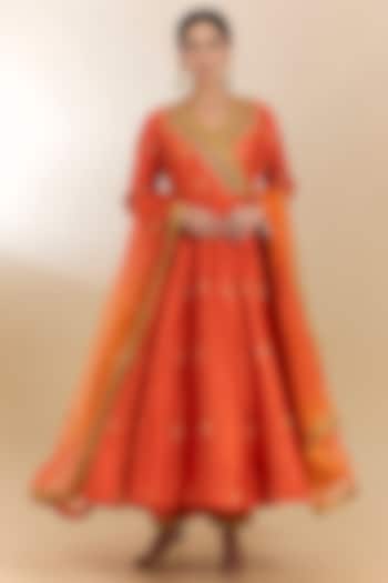 Orange Spun Silk Marori Work Angrakha Kurta Set by Surbhi Shah at Pernia's Pop Up Shop