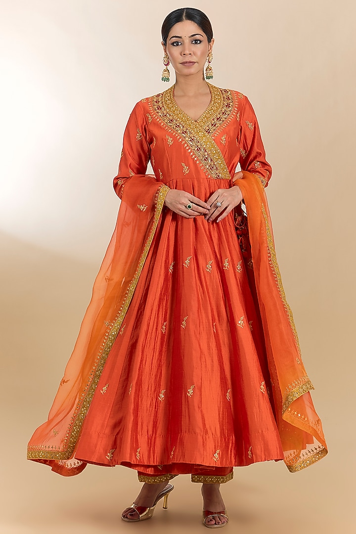 Orange Spun Silk Marori Work Angrakha Kurta Set by Surbhi Shah at Pernia's Pop Up Shop