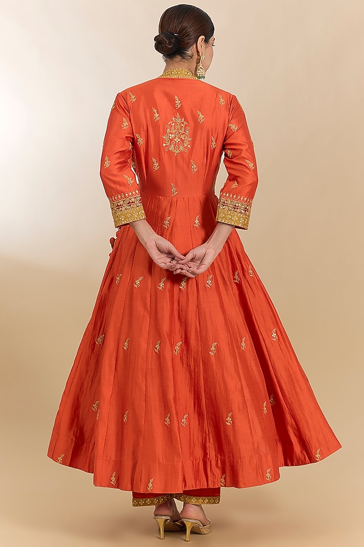 Orange Spun Silk Marori Work Angrakha Kurta Set by Surbhi Shah at Pernia's Pop Up Shop