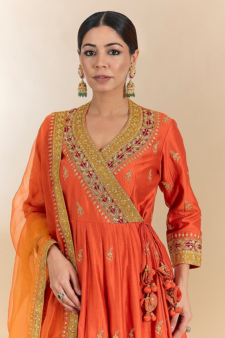 Orange Spun Silk Marori Work Angrakha Kurta Set by Surbhi Shah at Pernia's Pop Up Shop